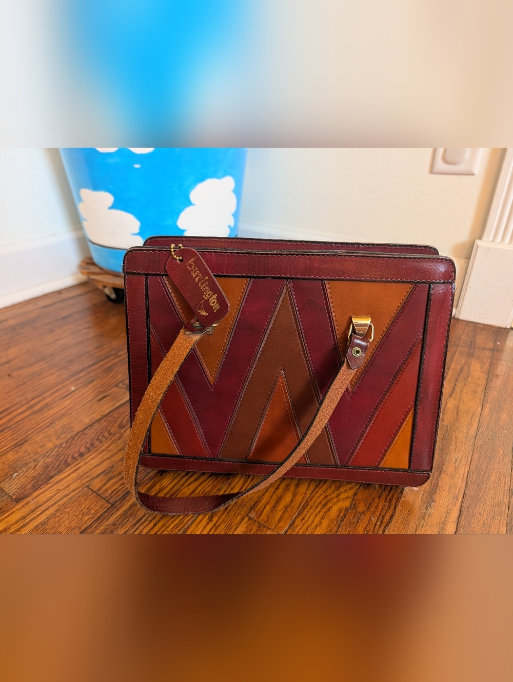Vintage Burgundy and Tan Leather Chevron Shoulder Bag by Burlington